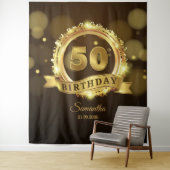 パーソナライズされた金と黒の50歳の誕生日バックドロップ タペストリー (インサイチュ)