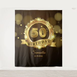 パーソナライズされた金と黒の50歳の誕生日バックドロップ タペストリー