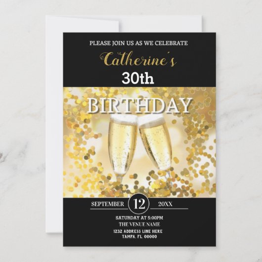 パーソナライズされた金ゴールドとブラック誕生日 招待状 (正面)