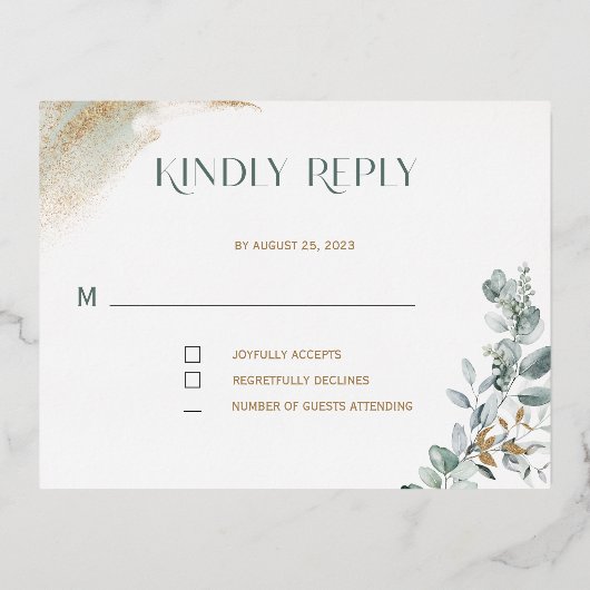 パーソナライズされた金ゴールドと緑のRSVPテンプレート 箔シーズンポストカード (正面)