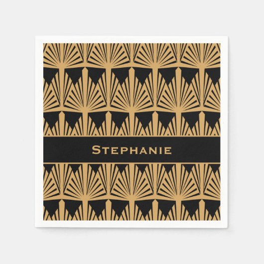 パーソナライズされた金ゴールドと黒のアールデコパターン スタンダードカクテルナプキン (正面)