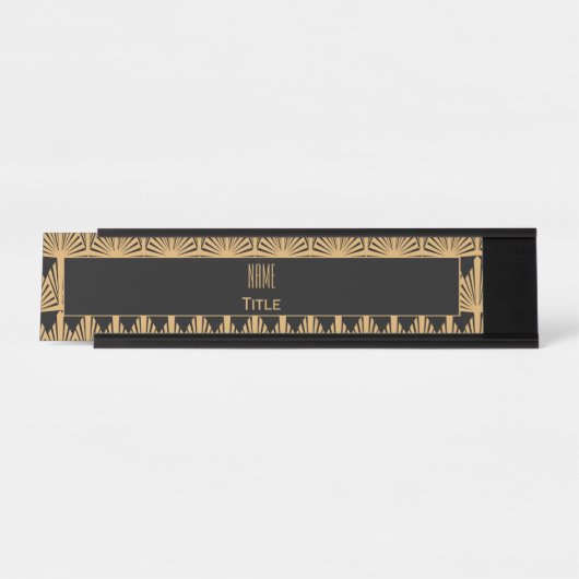 パーソナライズされた金ゴールドと黒のアールデコパターン デスクネームプレート (正面)