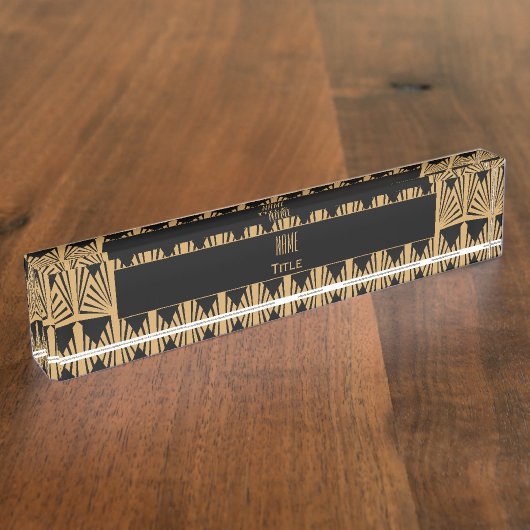 パーソナライズされた金ゴールドと黒のアールデコパターン デスクネームプレート (側面)