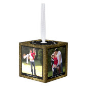 パーソナライズされた金ゴールドグリッター写真クリスマス キューブオーナメント (裏面アングル)