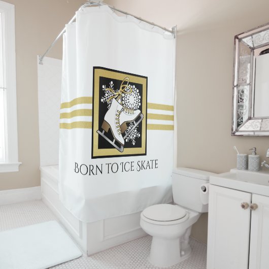 パーソナライズされた金ゴールドグリッター白黒氷スケートで滑る シャワーカーテン (インサイチュ)