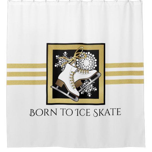パーソナライズされた金ゴールドグリッター白黒氷スケートで滑る シャワーカーテン (正面)