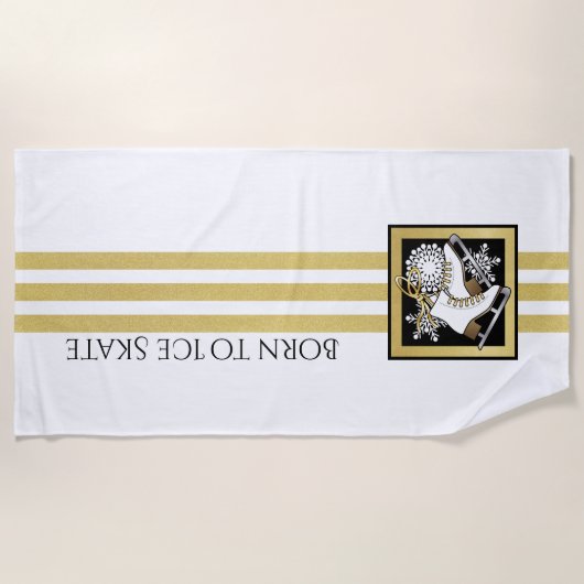 パーソナライズされた金ゴールドグリッター白黒氷スケートで滑る ビーチタオル (正面)