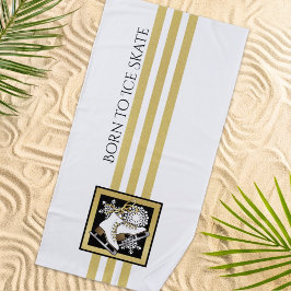 パーソナライズされた金ゴールドグリッター白黒氷スケートで滑る ビーチタオル