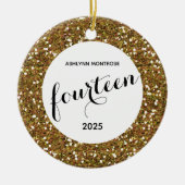 パーソナライズされた金ゴールドグリッター14誕生日 セラミックオーナメント (正面)