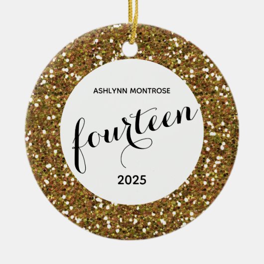 パーソナライズされた金ゴールドグリッター14誕生日 セラミックオーナメント (正面)