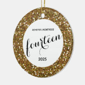 パーソナライズされた金ゴールドグリッター14誕生日 セラミックオーナメント (左)