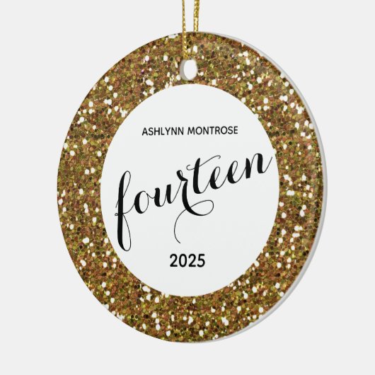 パーソナライズされた金ゴールドグリッター14誕生日 セラミックオーナメント (左)