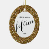 パーソナライズされた金ゴールドグリッター15誕生日 セラミックオーナメント (右)