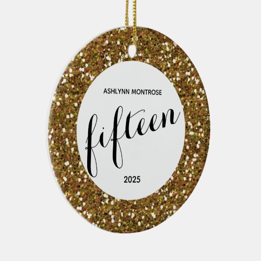 パーソナライズされた金ゴールドグリッター15誕生日 セラミックオーナメント (右)