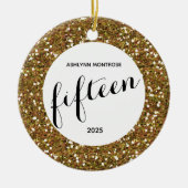 パーソナライズされた金ゴールドグリッター15誕生日 セラミックオーナメント (正面)