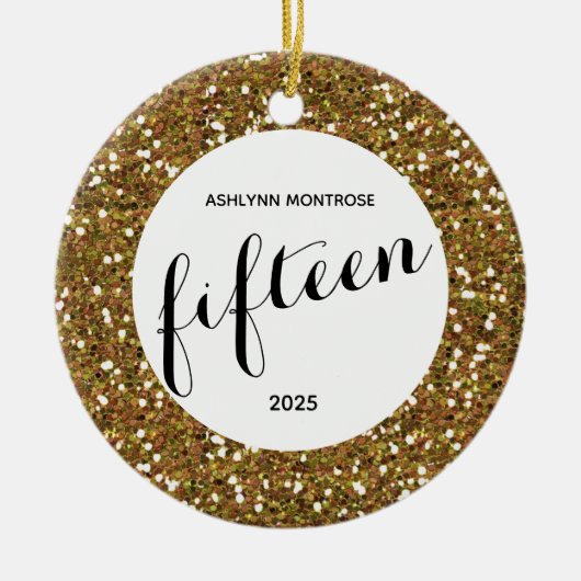 パーソナライズされた金ゴールドグリッター15誕生日 セラミックオーナメント (正面)