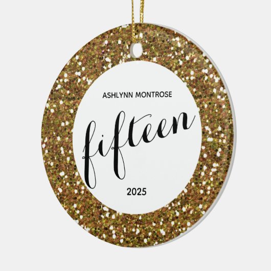 パーソナライズされた金ゴールドグリッター15誕生日 セラミックオーナメント (左)