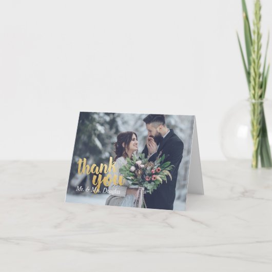 パーソナライズされた金ゴールドスクリプトのフォトサンキューカード ノートカード (正面)