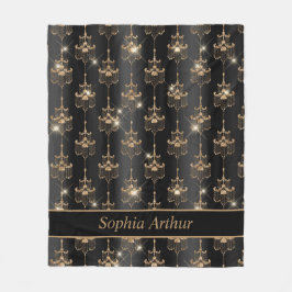 パーソナライズされた金ゴールドスパークルシャンデリア模様ブラック フリースブランケット