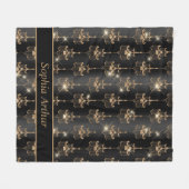 パーソナライズされた金ゴールドスパークルシャンデリア模様ブラック フリースブランケット (正面(横))
