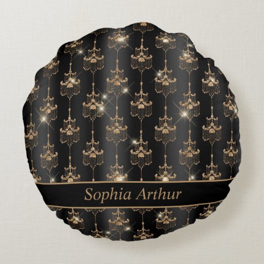 パーソナライズされた金ゴールドスパークルシャンデリア模様ブラック ラウンドクッション (裏面)