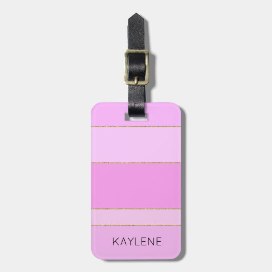 パーソナライズされた金ゴールドトリムピンクストライプの荷物札 ラゲッジタグ (正面縦)