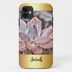 パーソナライズされた金ゴールドトリムロータスフラワー iPhone 11 ケース