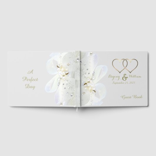 パーソナライズされた金ゴールドハートパール結婚ズ ゲストブック (全面)