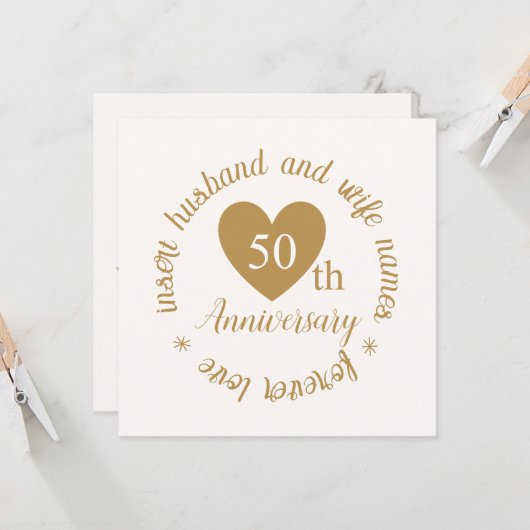 パーソナライズされた金ゴールドハート50結婚周年記念 カード (正面/裏面インサイチュ)