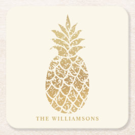 パーソナライズされた金ゴールドパイナップルアイボリー スクエアペーパーコースター