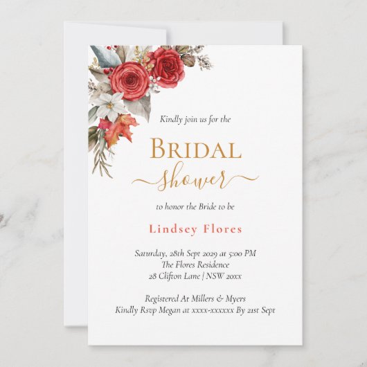 パーソナライズされた金ゴールドブライダルシャワーフローラバラ 招待状 (正面)