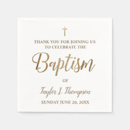 パーソナライズされた金ゴールドモダンと白の洗礼 スタンダードカクテルナプキン