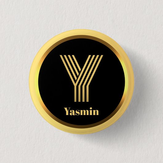 パーソナライズされた金ゴールドモノグラムのY 缶バッジ (正面)