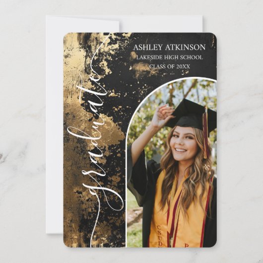 パーソナライズされた金ゴールドヴィンテージグリッター写真卒業 招待状 (正面)