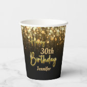 パーソナライズされた金ゴールド光沢ハッピーバースデーブラック 紙コップ (裏面)