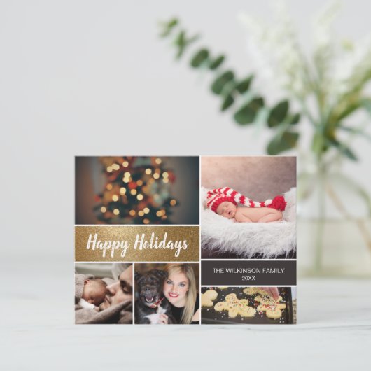 パーソナライズされた金ゴールド写真コラージュ シーズンポストカード (スタンド正面)
