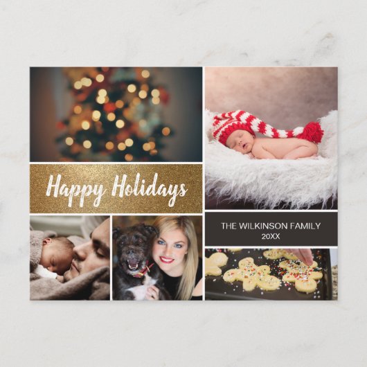 パーソナライズされた金ゴールド写真コラージュ シーズンポストカード (正面)