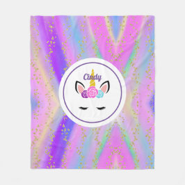 パーソナライズされた金ゴールド斑点のカラフルユニコーン フリースブランケット