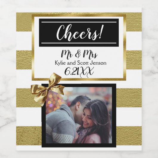 パーソナライズされた金ゴールド結婚とブラックボウ ワインラベル (シングルラベル)