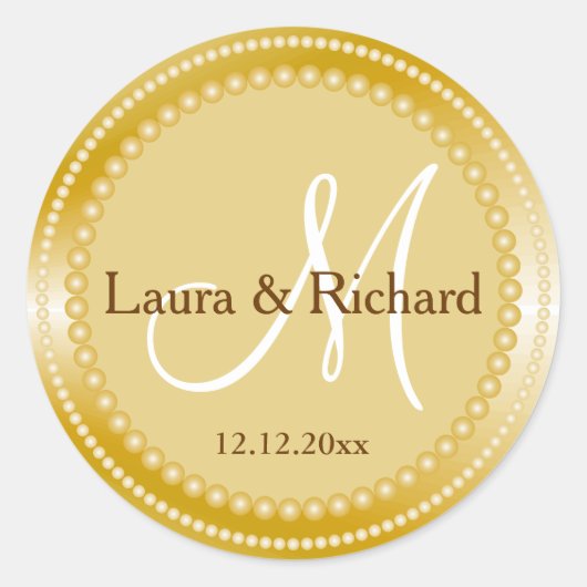 パーソナライズされた金ゴールド結婚のモノグラム印 ラウンドシール (正面)