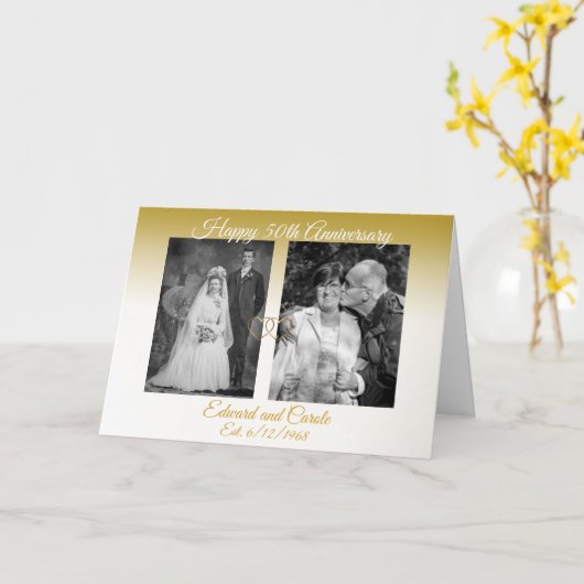 パーソナライズされた金ゴールド結婚の写真50周年記念 カード (黄色い花)