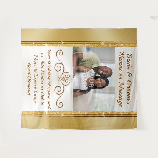 パーソナライズされた金ゴールド結婚、のフォトウォール背景。 タペストリー (正面(横))