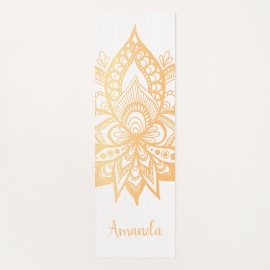 パーソナライズされた金ゴールド蓮華曼荼羅白 ヨガマット (正面)