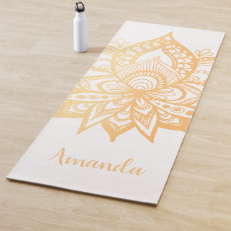 パーソナライズされた金ゴールド蓮華曼荼羅白 ヨガマット