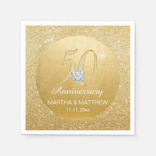パーソナライズされた金ゴールド50結婚周年 スタンダードカクテルナプキン (正面)