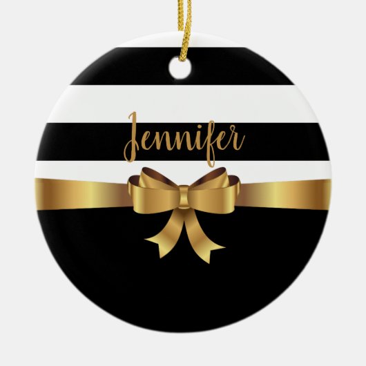 パーソナライズされた金ゴールド、ブラックはっきりしたストライプBOWエレガント セラミックオーナメント (正面)