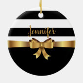 パーソナライズされた金ゴールド、ブラックはっきりしたストライプBOWエレガント セラミックオーナメント (裏面)