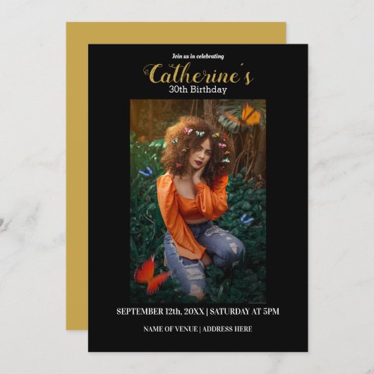 パーソナライズされた金ゴールド&ブラック誕生日招待状 招待状 (正面/裏面)