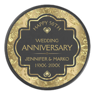 パーソナライズされた金ゴールド&ブラック50結婚周年 アイスホッケーパック