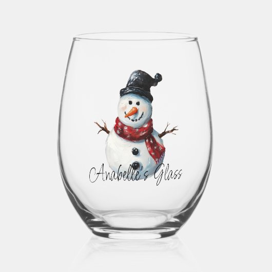 パーソナライズされた雪だるま名クリスマス ステムなしワイングラス (正面)